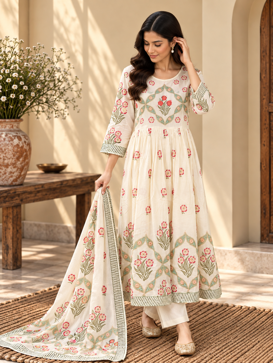 Front view of Cream Floral Printed Anarkali Suit Set with Dupatta by ASMA, Bengaluru