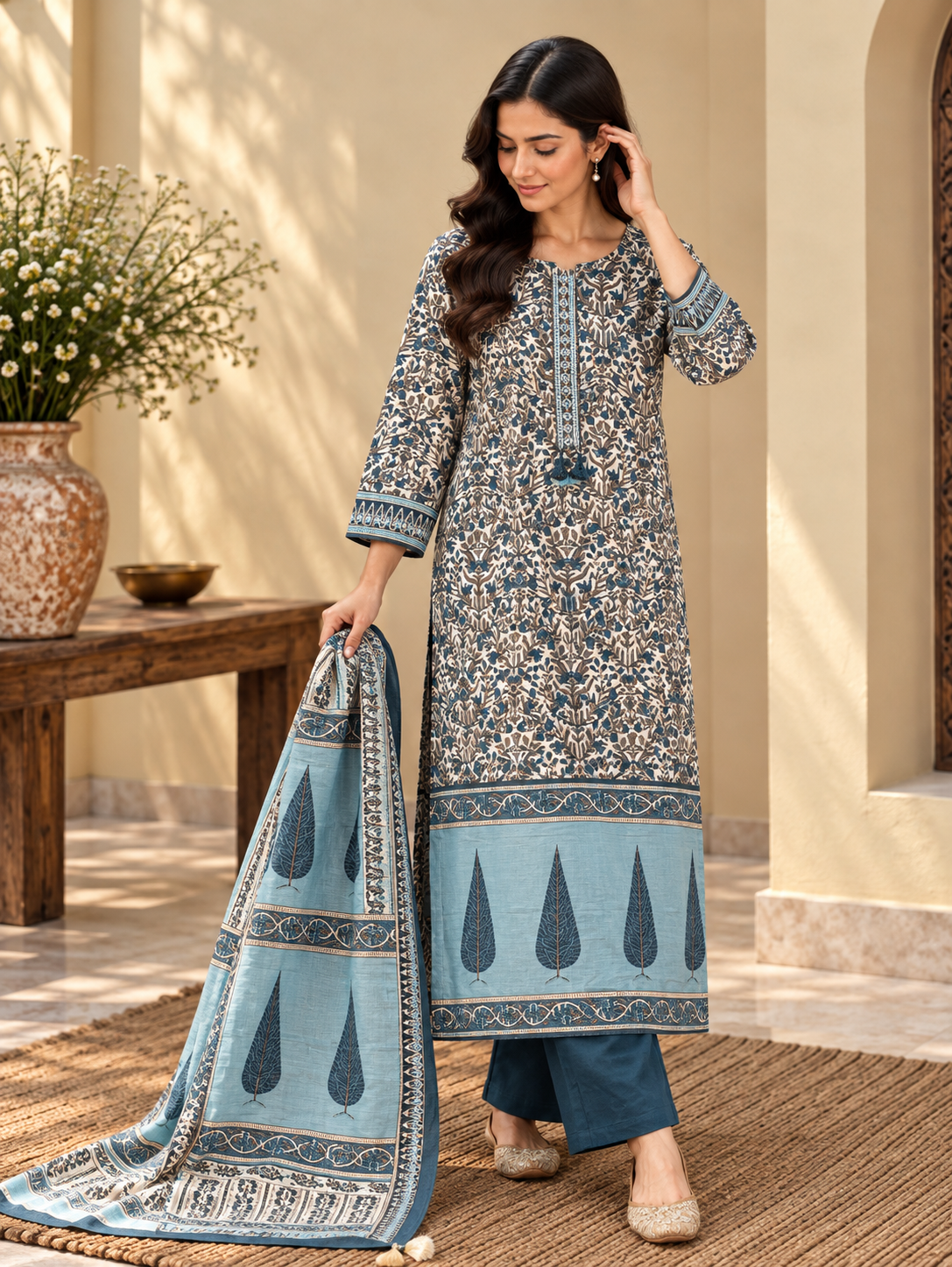 Front view of Blue Printed Kurta Pant Set with Dupatta by ASMA, Bengaluru