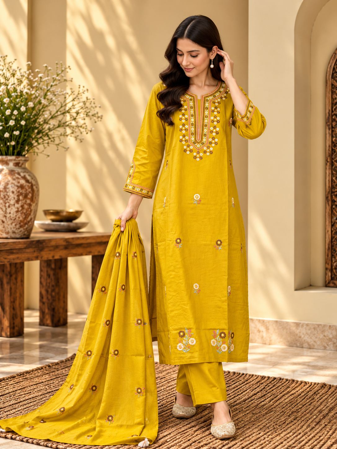 Front view of Mustard Yellow Embroidered Kurta Pant Set with Dupatta by ASMA, Bengaluru