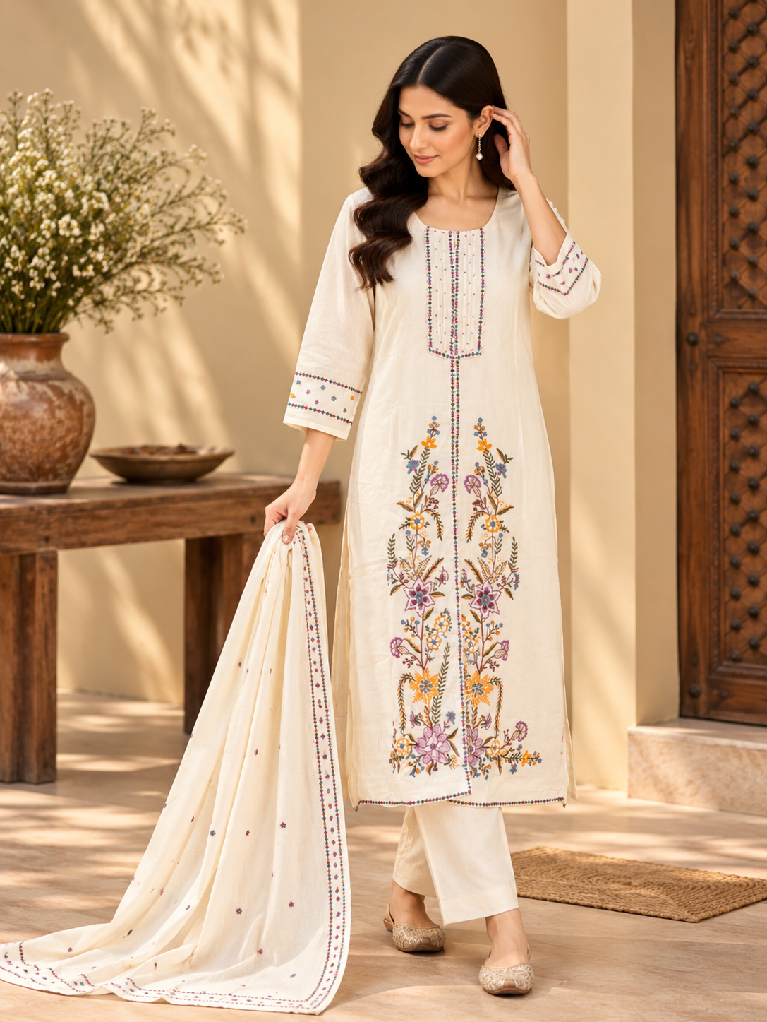 Cream Embroidered Kurta Pant Set with Dupatta by ASMA, Bengaluru