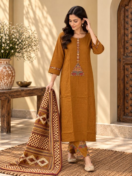 Mustard Printed Kurta Pant Set with Dupatta by ASMA, Bengaluru