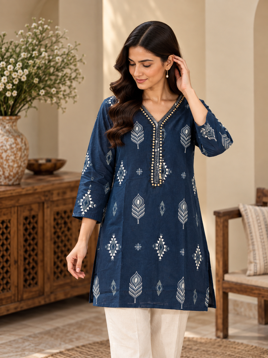 Blue Printed Short Kurta for Women by ASMA, Bengaluru