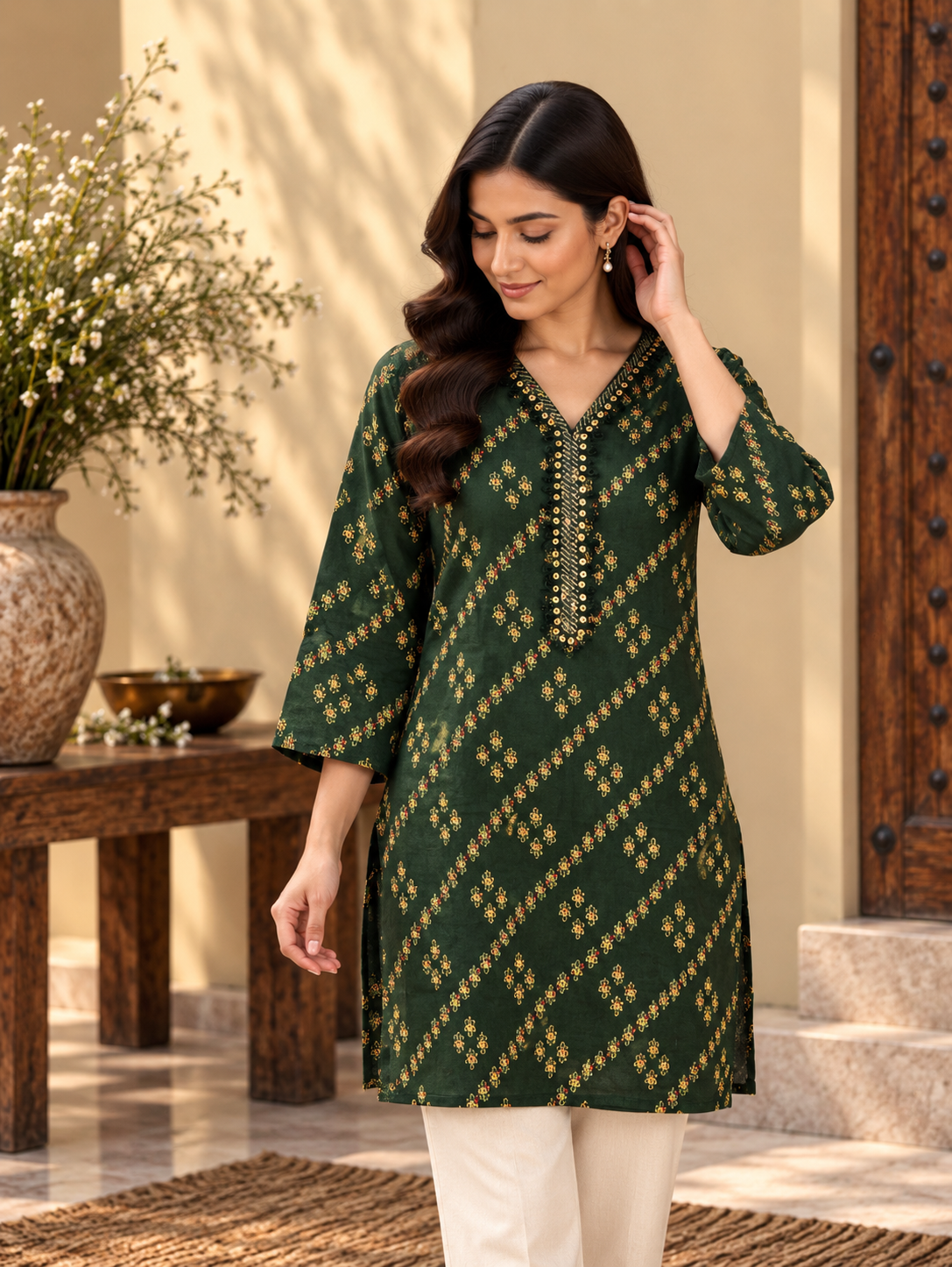 Green Printed Short Kurti for Women by ASMA, Bengaluru