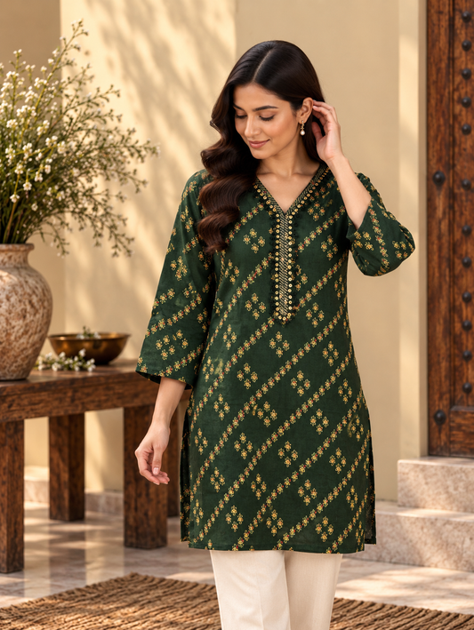 Green Printed Short Kurti for Women by ASMA, Bengaluru