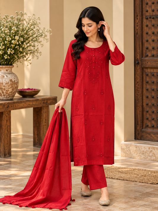 Red Embroidered Kurta Set for Women by ASMA, Bengaluru