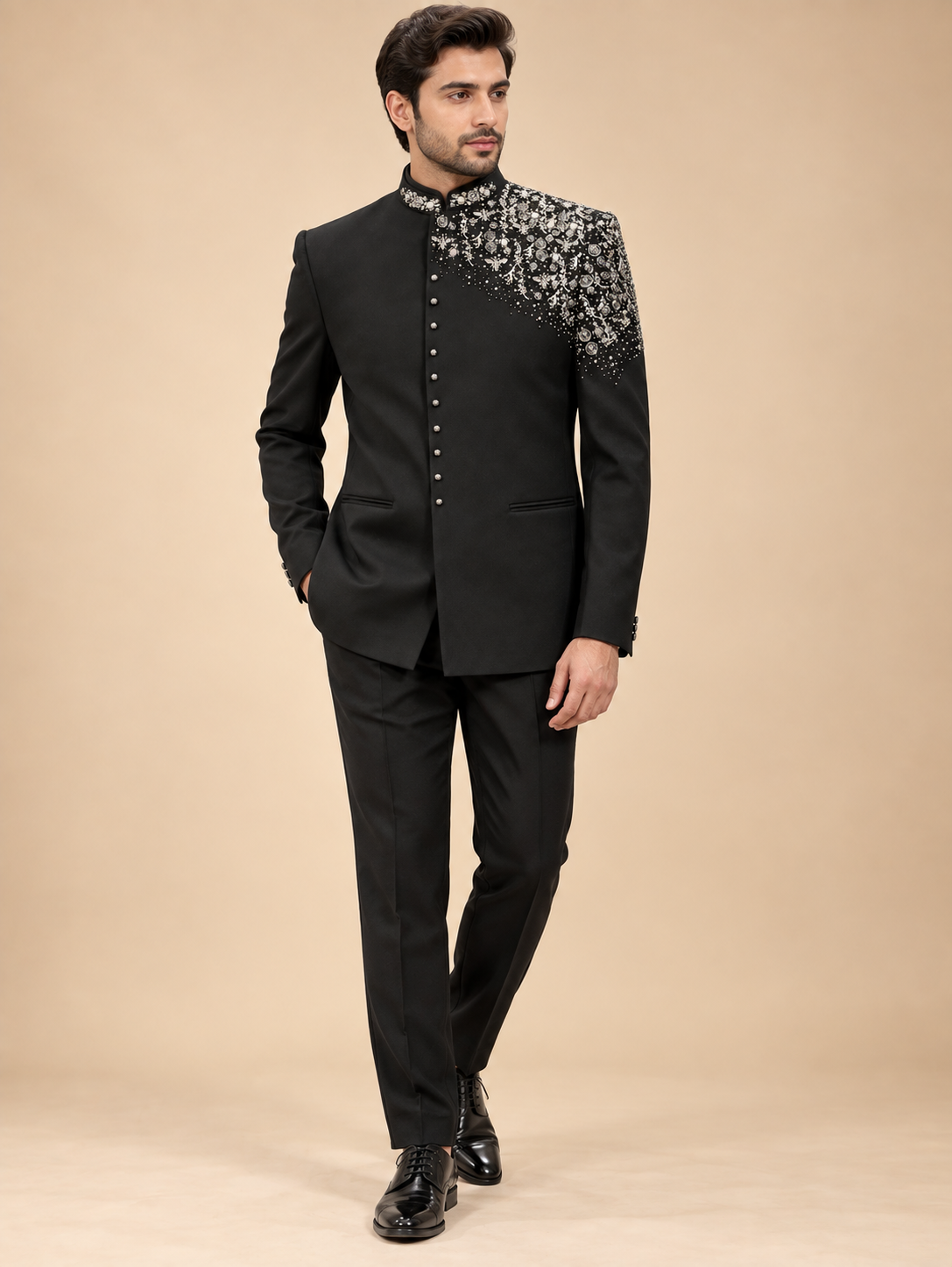 Black Embroidered Bandhgala Suit for Men by Guptas Textiles Annexe, Bengaluru