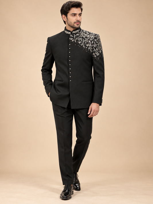 Black Embroidered Bandhgala Suit for Men by Guptas Textiles Annexe, Bengaluru