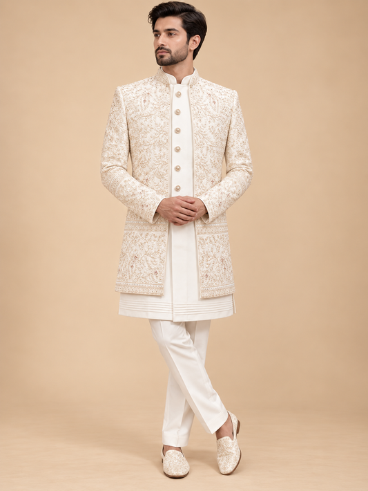 Cream Embroidered Sherwani for Men by Guptas Textiles Annexe, Bengaluru