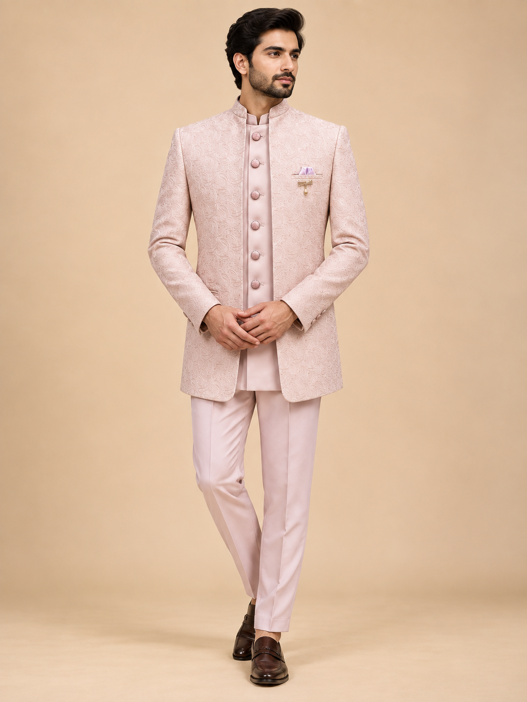 Lavender Embroidered Bandhgala Suit for Men by Guptas Textiles Annexe, Bengaluru