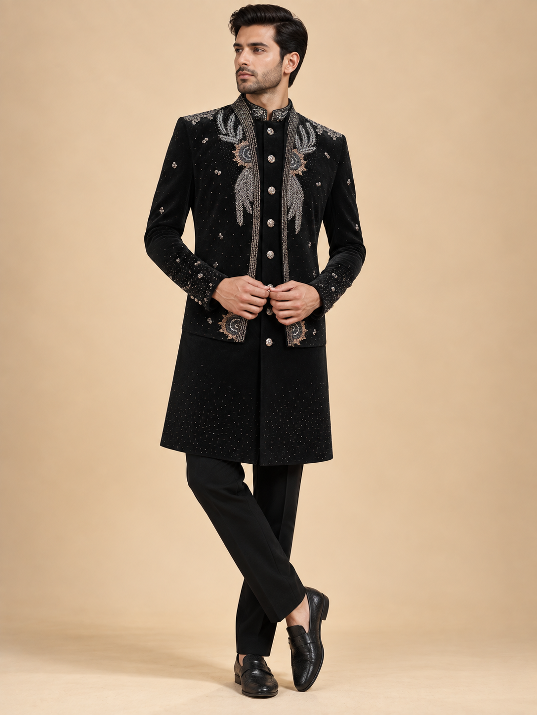 Black Embroidered Sherwani for Men by Guptas Textiles Annexe, Bengaluru