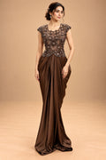 Elegant Chocolate Brown Designer Draped Gown with 3D Floral Embellishments