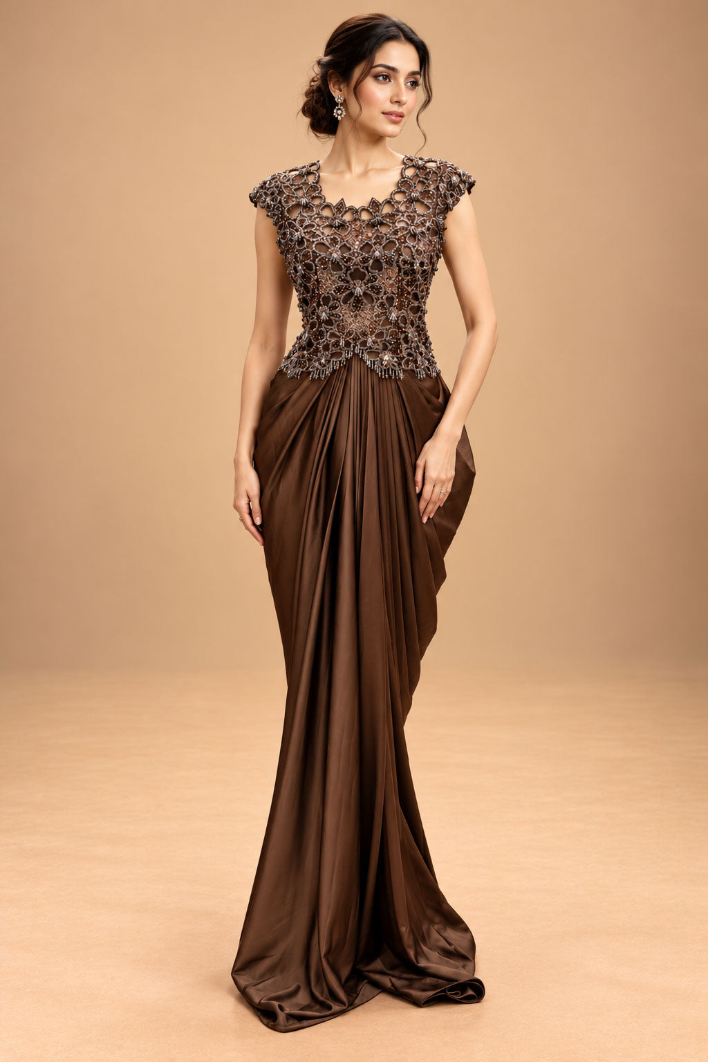 Elegant Chocolate Brown Designer Draped Gown with 3D Floral Embellishments