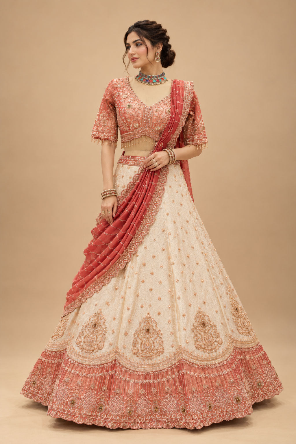 Premium Coral Peach and Ivory Bridal Lehenga with Intricate Embroidery and Dupatta – product view 1