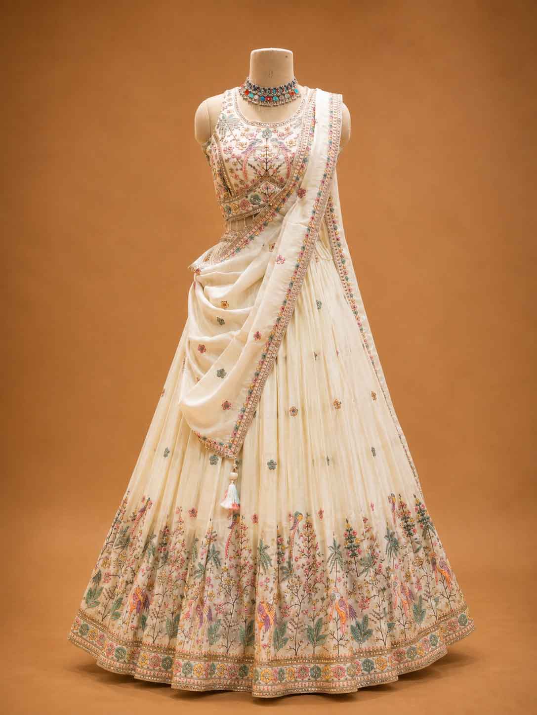 Cream Designer Lehenga Choli for Women | Floral Embroidered Wedding Lehenga