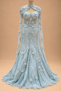 Premium Ice Blue Floral Embroidered Mermaid Gown with Sheer Cape for Women – product view 2
