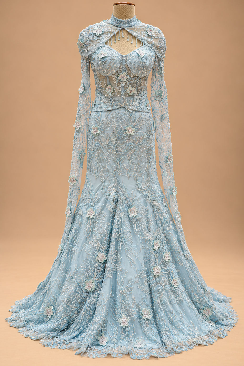 Premium Ice Blue Floral Embroidered Mermaid Gown with Sheer Cape for Women – product view 2