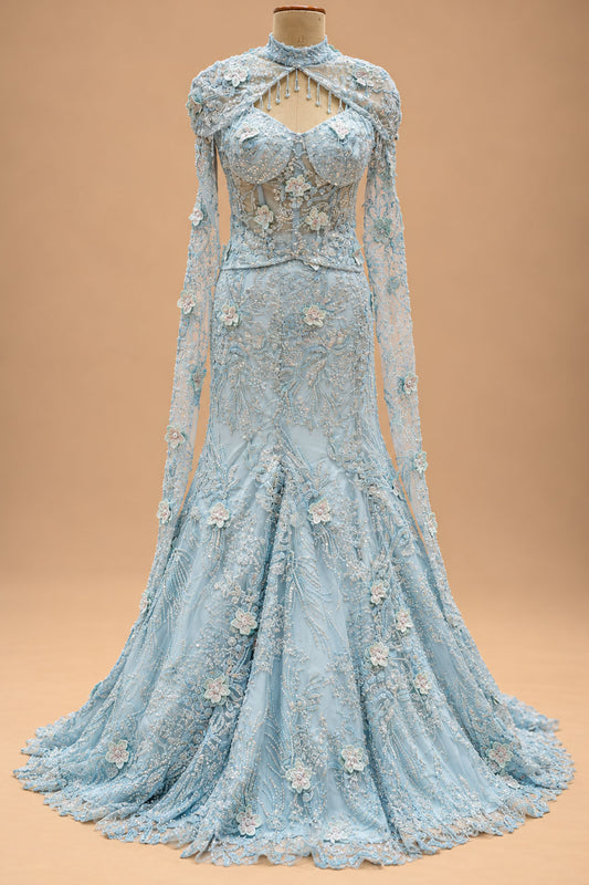 Premium Ice Blue Floral Embroidered Mermaid Gown with Sheer Cape for Women – product view 2