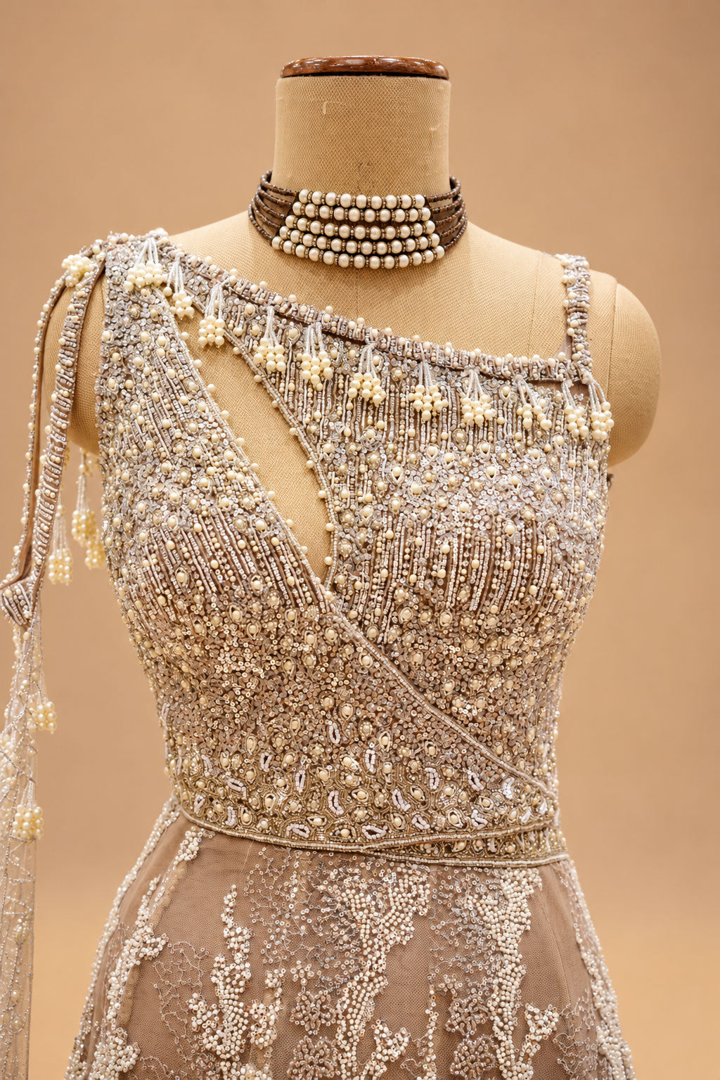 Premium Champagne Beige Pearl Embroidered Mermaid Gown with Draped Dupatta for Women – product view 2
