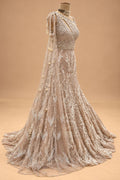 Premium Champagne Beige Pearl Embroidered Mermaid Gown with Draped Dupatta for Women – product view 3
