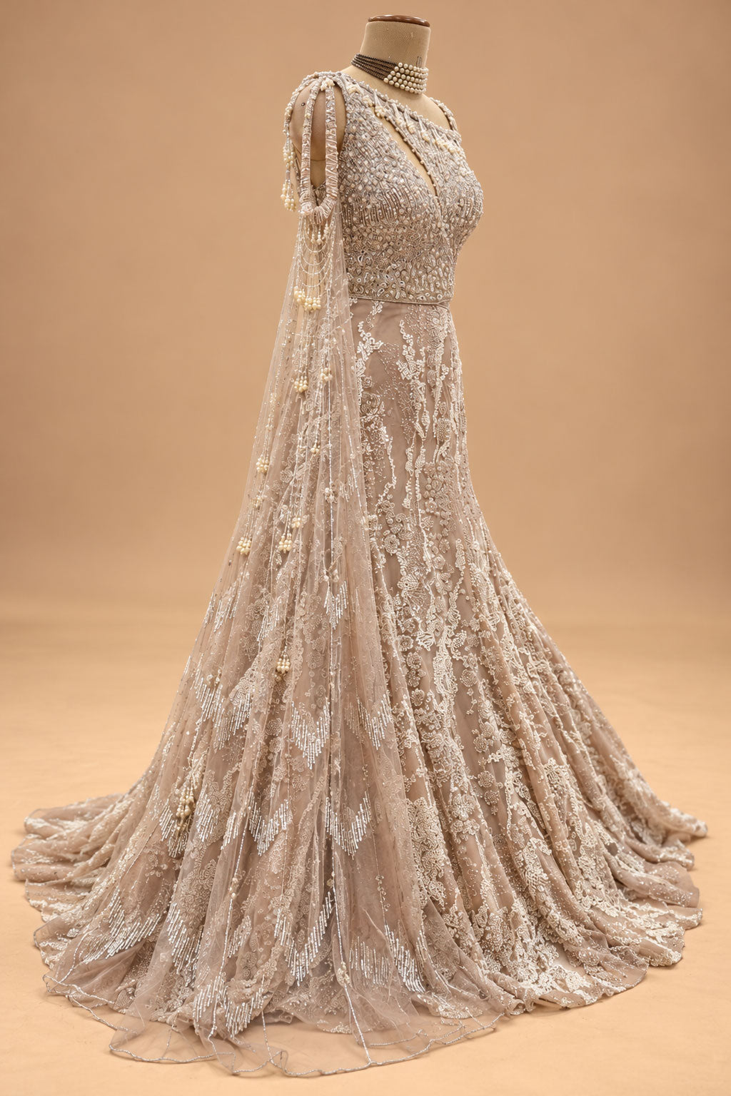 Premium Champagne Beige Pearl Embroidered Mermaid Gown with Draped Dupatta for Women – product view 3