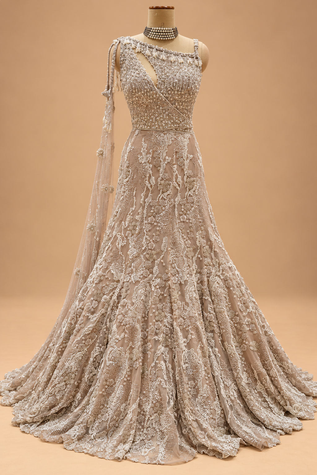 Premium Champagne Beige Pearl Embroidered Mermaid Gown with Draped Dupatta for Women – product view 4
