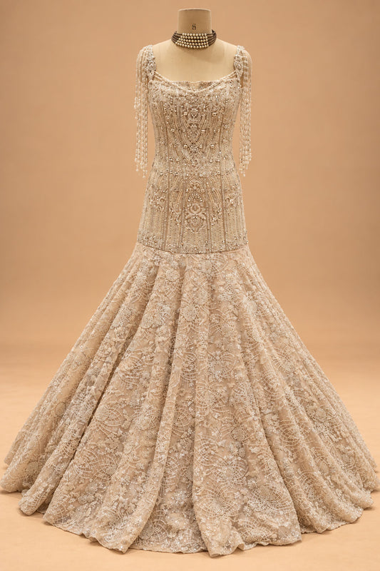 Premium Champagne Beige Embroidered Mermaid Gown with Pearl Tassel Shoulder Detailing for Women – product view 2
