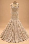 Premium Champagne Beige Embroidered Mermaid Gown with Pearl Tassel Shoulder Detailing for Women – product view 2