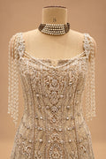 Premium Champagne Beige Embroidered Mermaid Gown with Pearl Tassel Shoulder Detailing for Women – product view 3