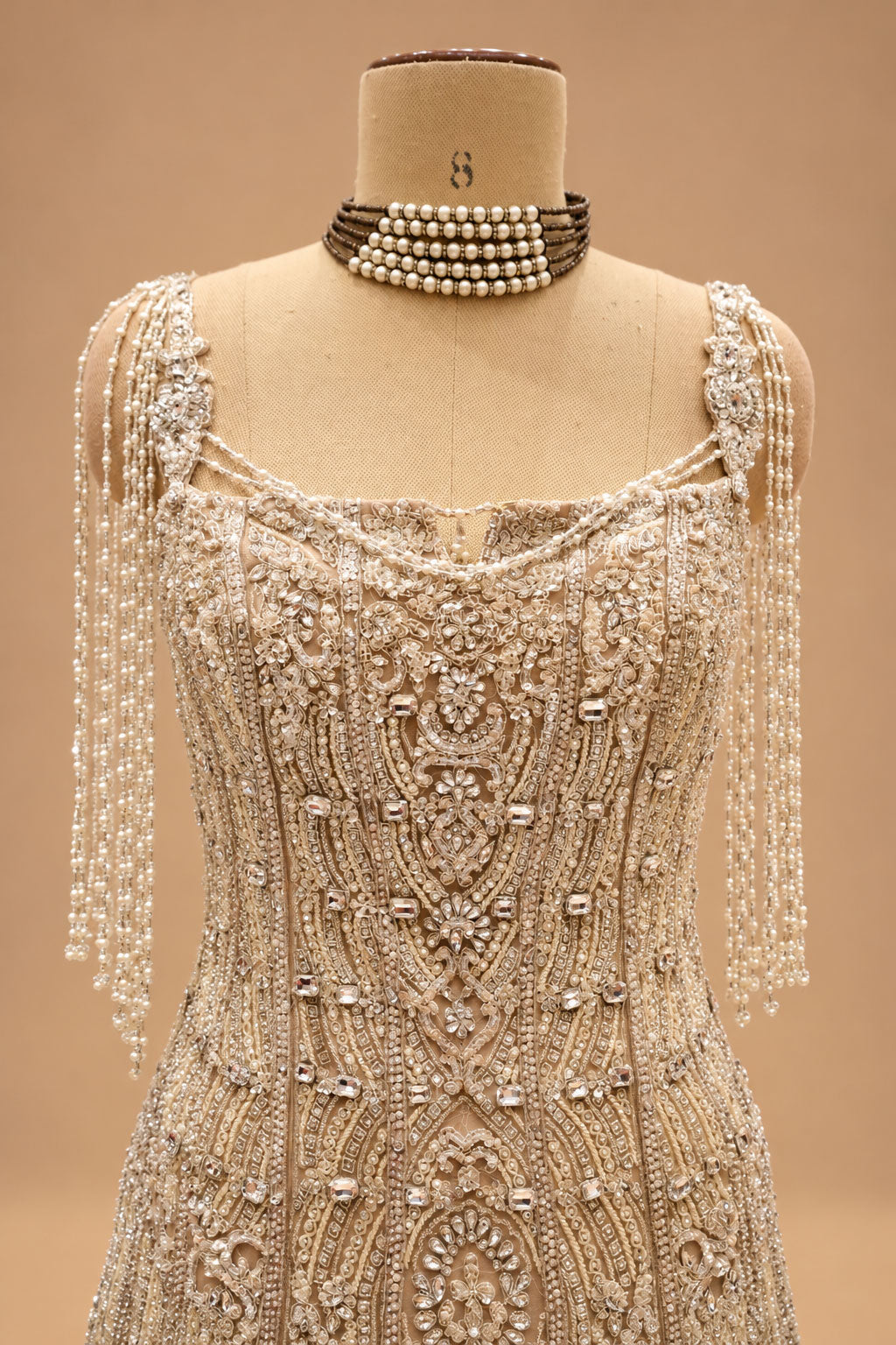 Premium Champagne Beige Embroidered Mermaid Gown with Pearl Tassel Shoulder Detailing for Women – product view 3