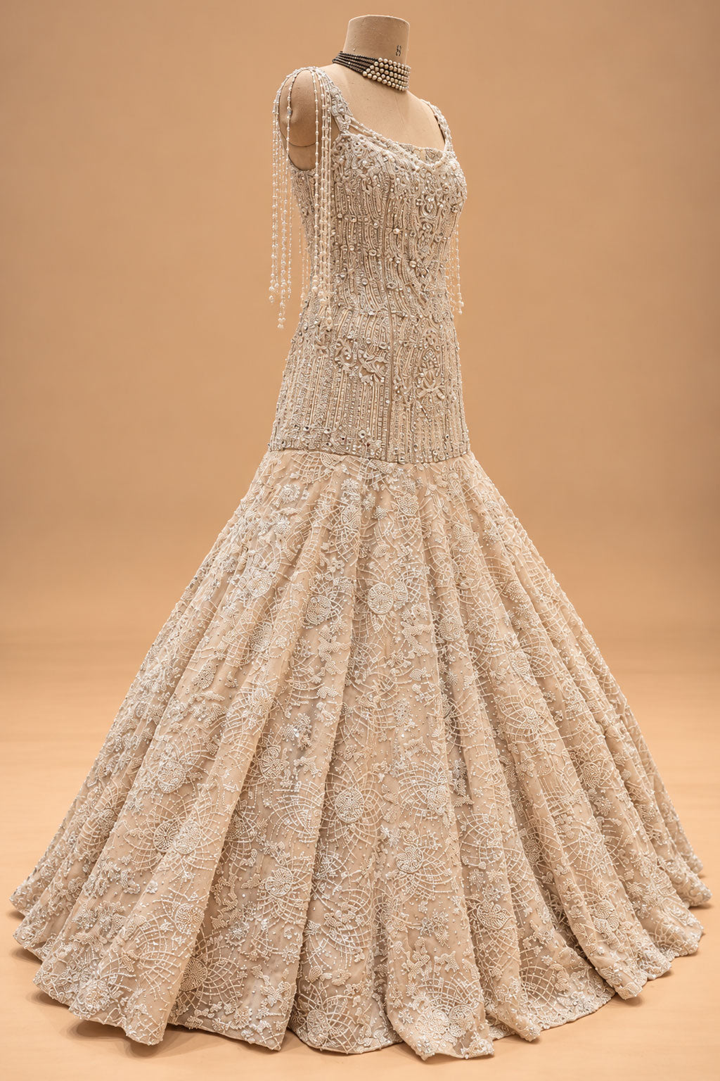 Premium Champagne Beige Embroidered Mermaid Gown with Pearl Tassel Shoulder Detailing for Women – product view 4