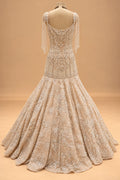 Premium Champagne Beige Embroidered Mermaid Gown with Pearl Tassel Shoulder Detailing for Women – product view 5
