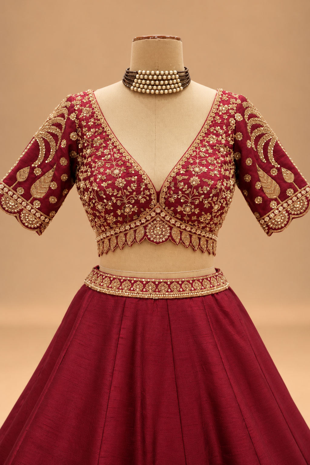 Premium Maroon Bridal Lehenga with Intricate Gold Embroidery and Dupatta for Women – product view 3