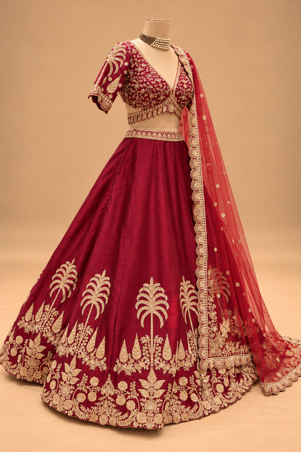 Premium Maroon Bridal Lehenga with Intricate Gold Embroidery and Dupatta for Women – product view 4