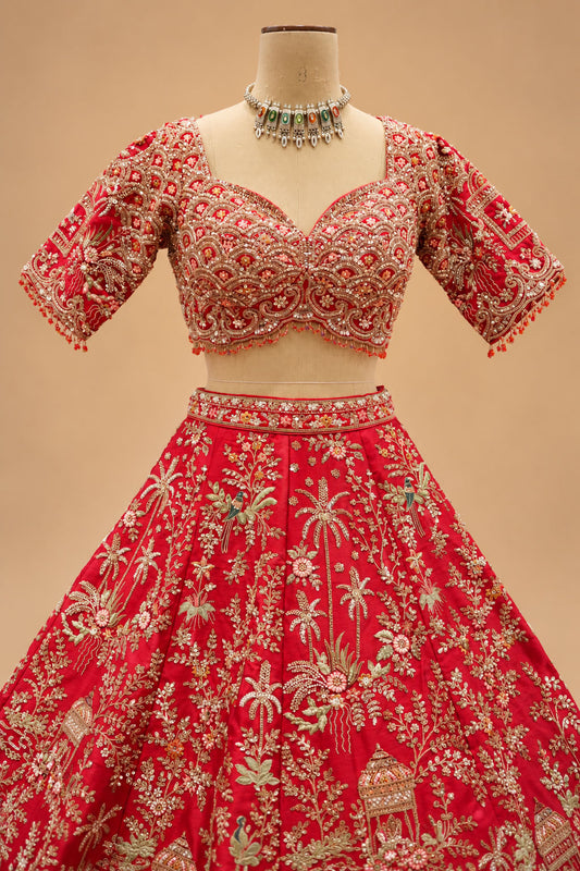 Premium Royal Red Bridal Lehenga with Gold Floral and Heritage Motif Embroidery – product view 2