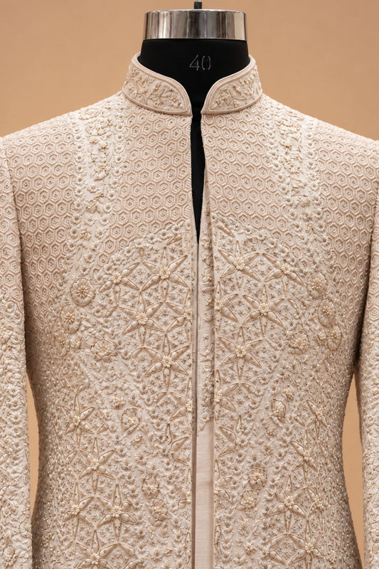 Ivory & Gold Embroidered Indo-Western Sherwani Set for Men with Kurta & Trousers – product view 2