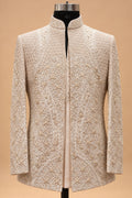 Ivory & Gold Embroidered Indo-Western Sherwani Set for Men with Kurta & Trousers – product view 3