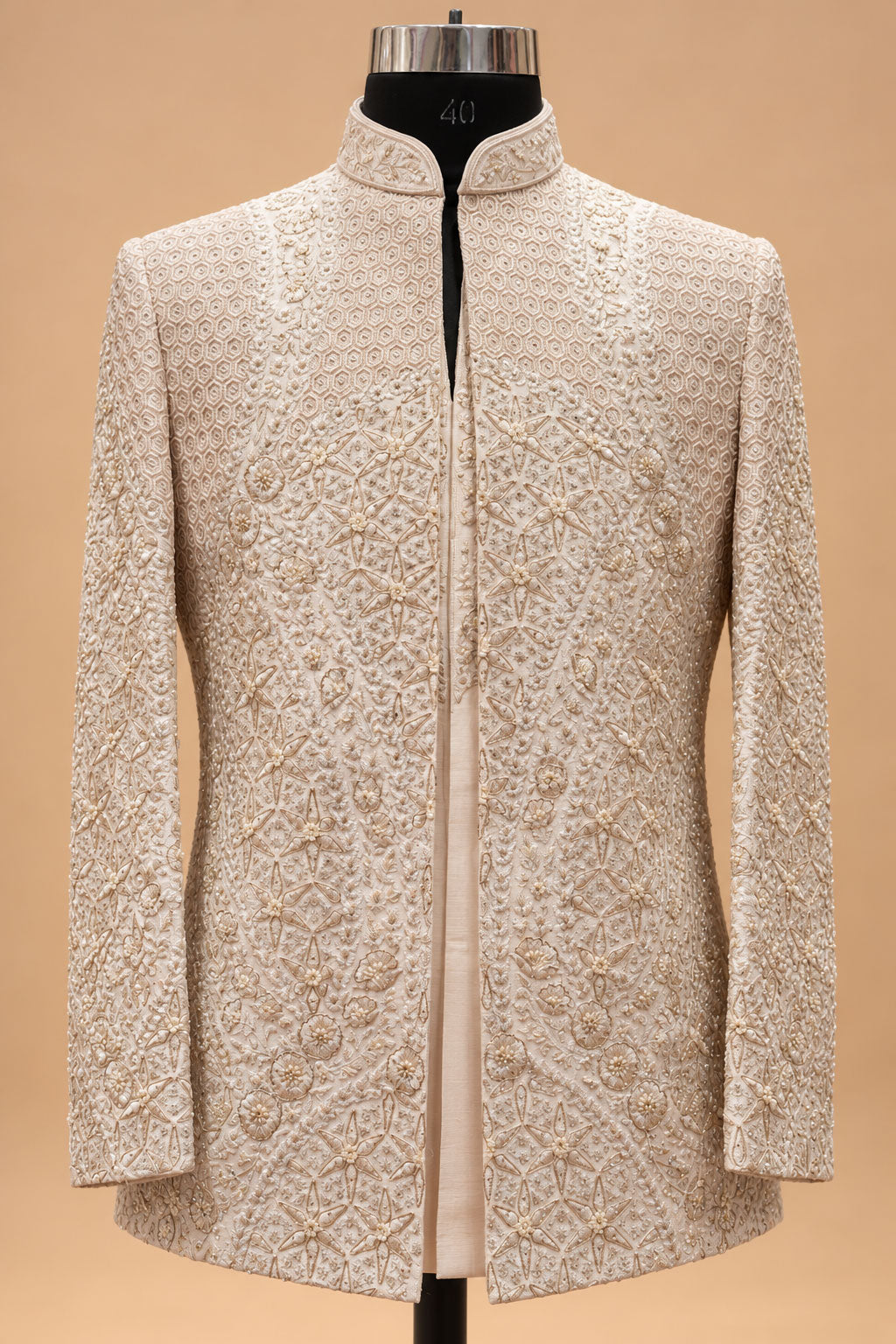 Ivory & Gold Embroidered Indo-Western Sherwani Set for Men with Kurta & Trousers – product view 3