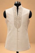 Ivory & Gold Embroidered Indo-Western Sherwani Set for Men with Kurta & Trousers – product view 4