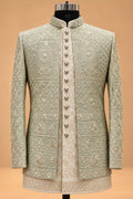 Sage Green Embroidered Indo-Western Sherwani Set for Men with Ivory Kurta & Trousers – product view 2