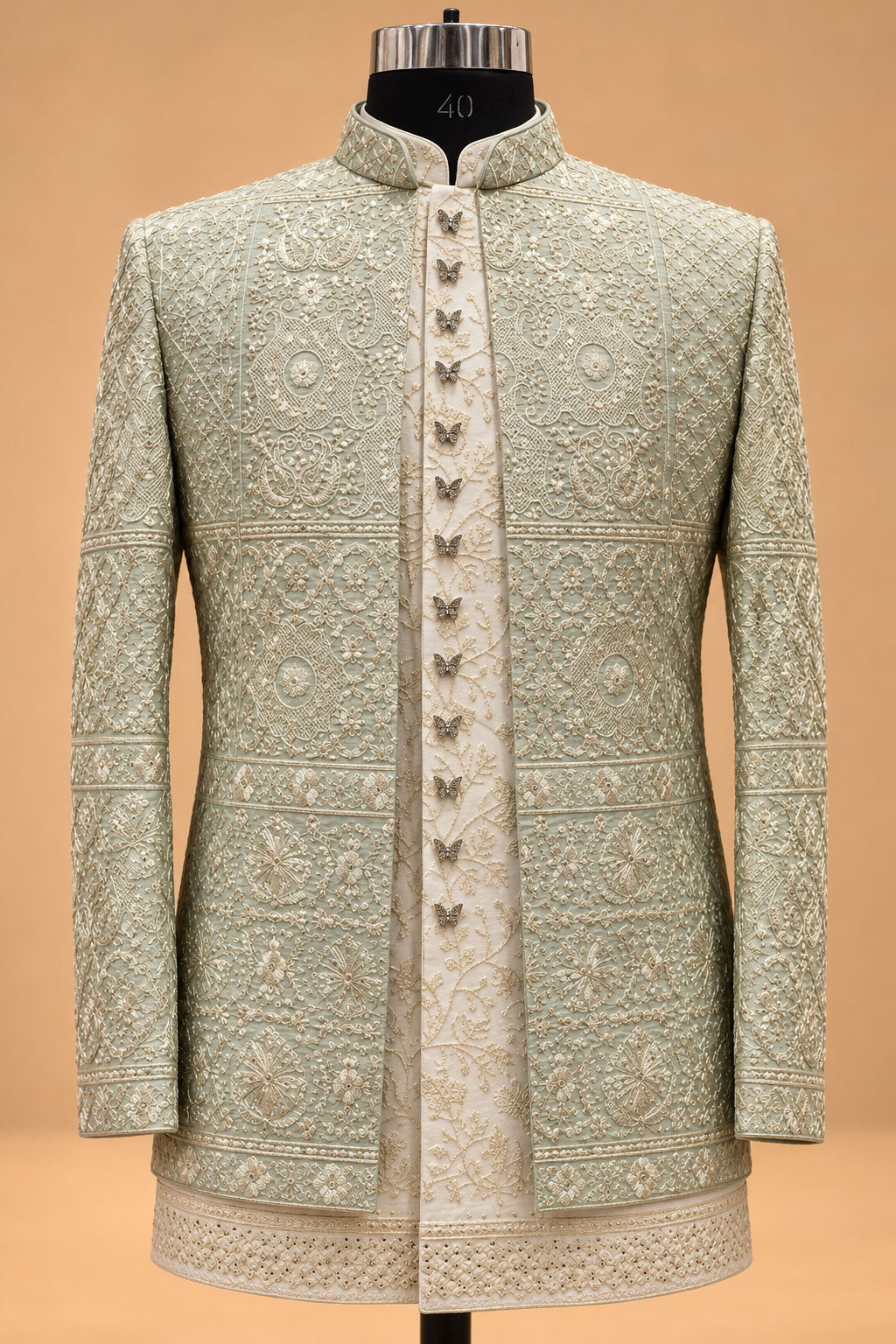 Sage Green Embroidered Indo-Western Sherwani Set for Men with Ivory Kurta & Trousers – product view 2