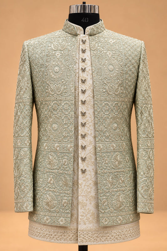 Sage Green Embroidered Indo-Western Sherwani Set for Men with Ivory Kurta & Trousers – product view 2