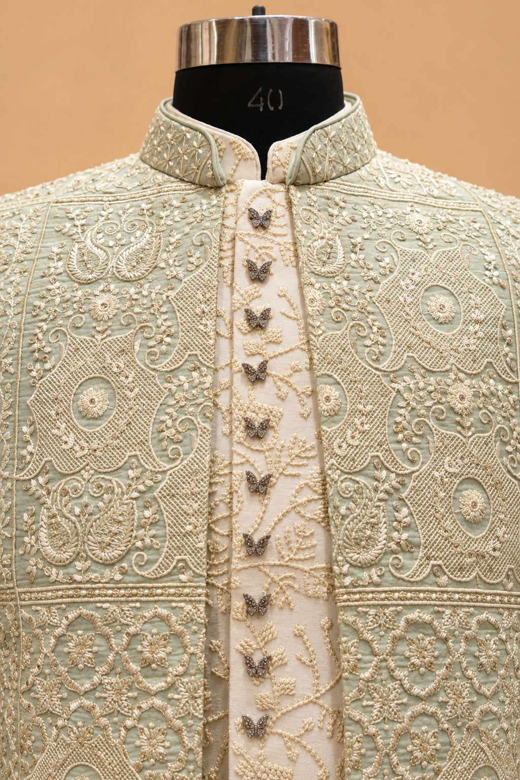 Sage Green Embroidered Indo-Western Sherwani Set for Men with Ivory Kurta & Trousers – product view 4