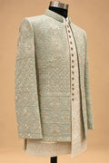 Sage Green Embroidered Indo-Western Sherwani Set for Men with Ivory Kurta & Trousers – product view 5