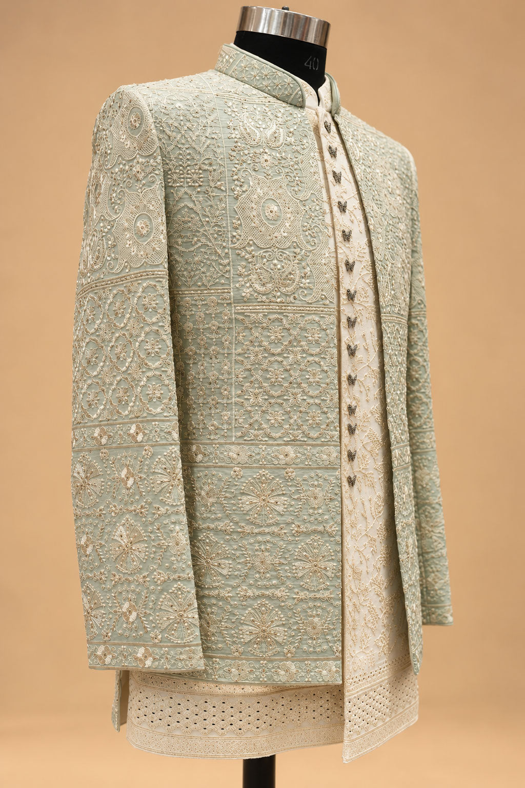Sage Green Embroidered Indo-Western Sherwani Set for Men with Ivory Kurta & Trousers – product view 5
