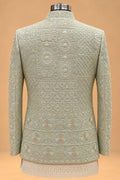 Sage Green Embroidered Indo-Western Sherwani Set for Men with Ivory Kurta & Trousers – product view 6