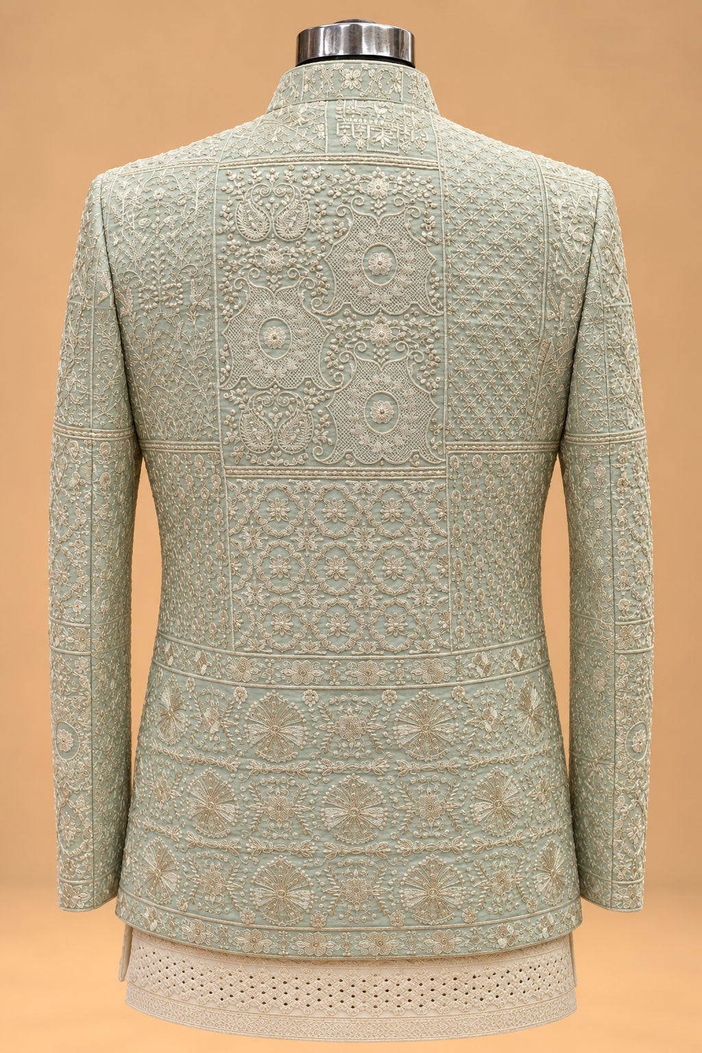 Sage Green Embroidered Indo-Western Sherwani Set for Men with Ivory Kurta & Trousers – product view 6