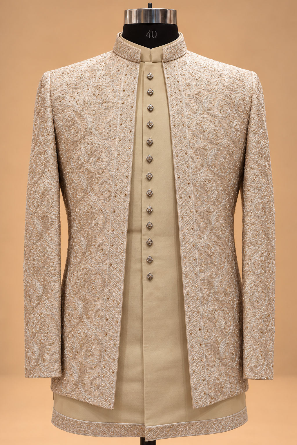 Champagne Ivory Floral Embroidered Indo-Western Sherwani Set for Men – product view 3