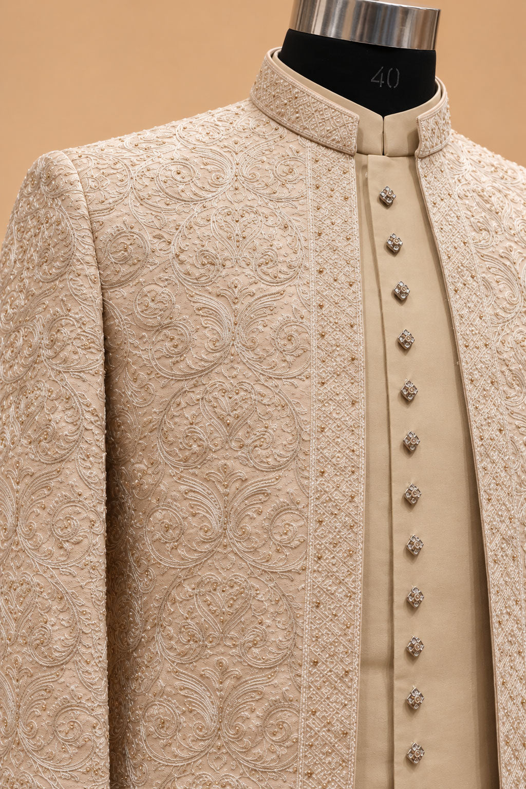 Champagne Ivory Floral Embroidered Indo-Western Sherwani Set for Men – product view 4