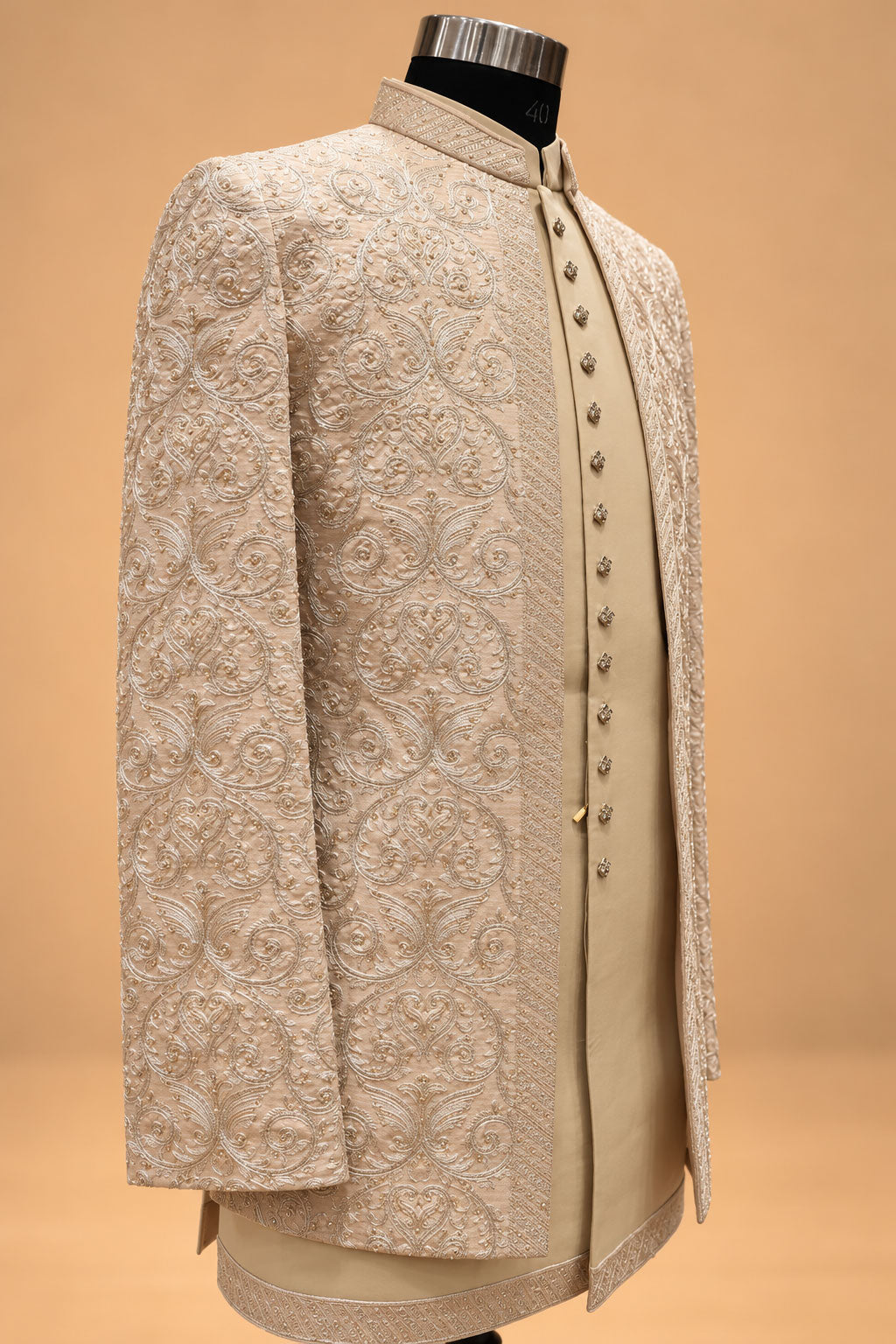 Champagne Ivory Floral Embroidered Indo-Western Sherwani Set for Men – product view 5