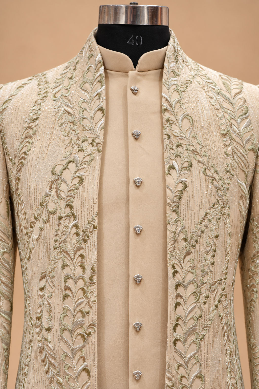 Beige Floral Embroidered Indo-Western Sherwani Set for Men with Kurta & Trousers – product view 2
